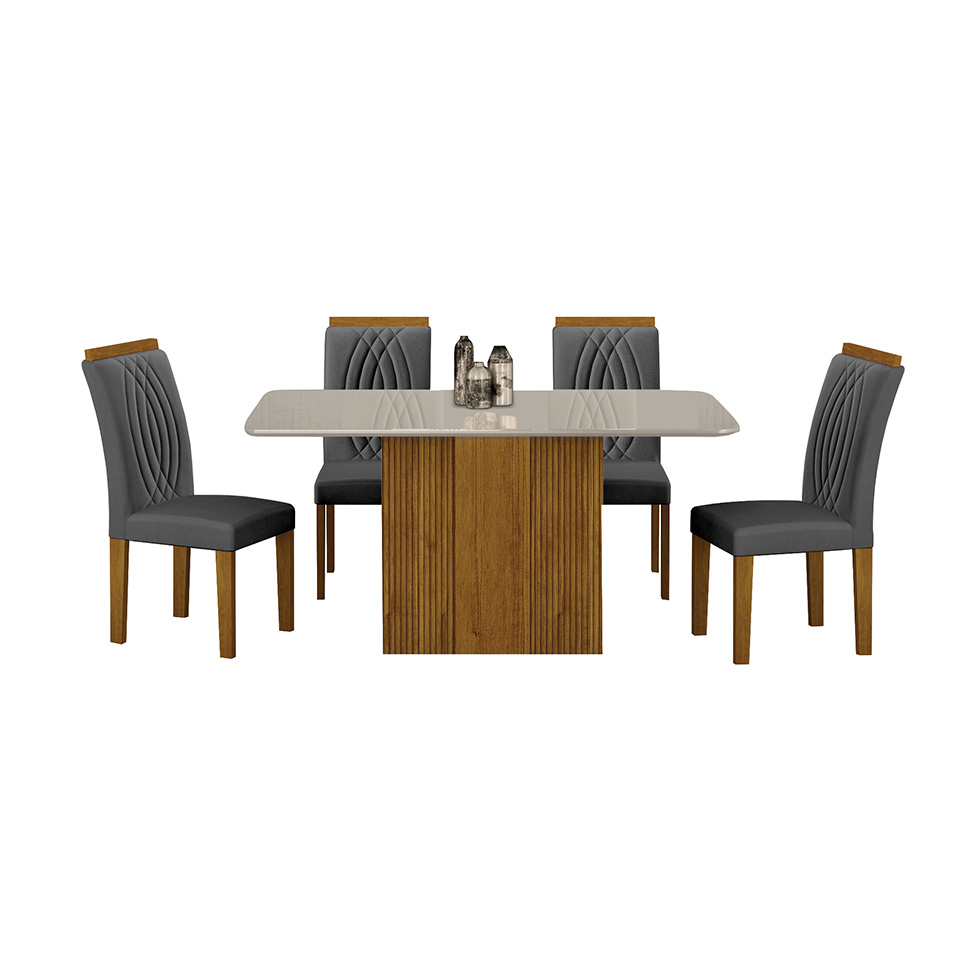 Conjunto de Mesa Retangular com Tampo de Vidro Off White e 4 Cadeiras Doha Veludo Chumbo e Freijó