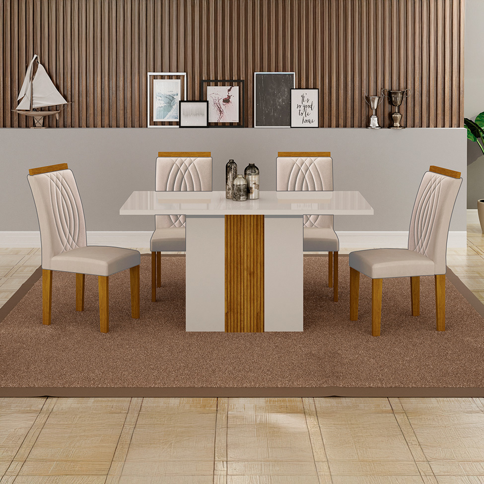 Conjunto de Mesa Retangular com Tampo de Vidro Off White e 4 Cadeiras Doha Veludo Palha