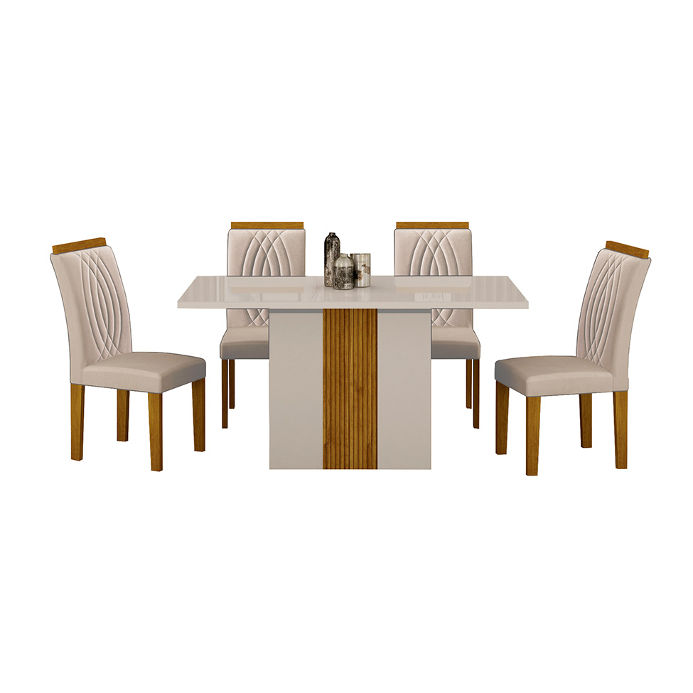 Conjunto de Mesa Retangular com Tampo de Vidro Off White e 4 Cadeiras Doha Veludo Palha