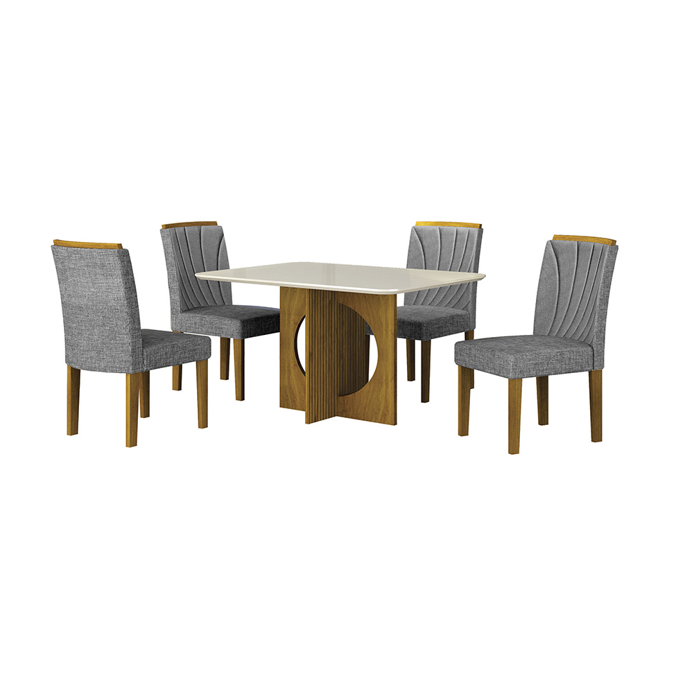 Conjunto de Mesa Retangular com Tampo de Vidro Off White e 4 Cadeiras Lorena Plus Linho Cinza e Freijó