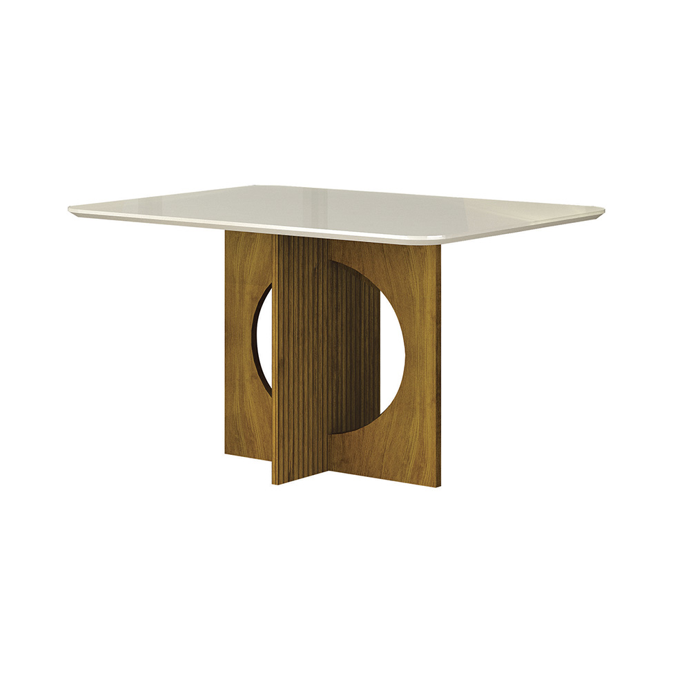 Conjunto de Mesa Retangular com Tampo de Vidro Off White e 4 Cadeiras Lorena Plus Linho Cinza e Freijó