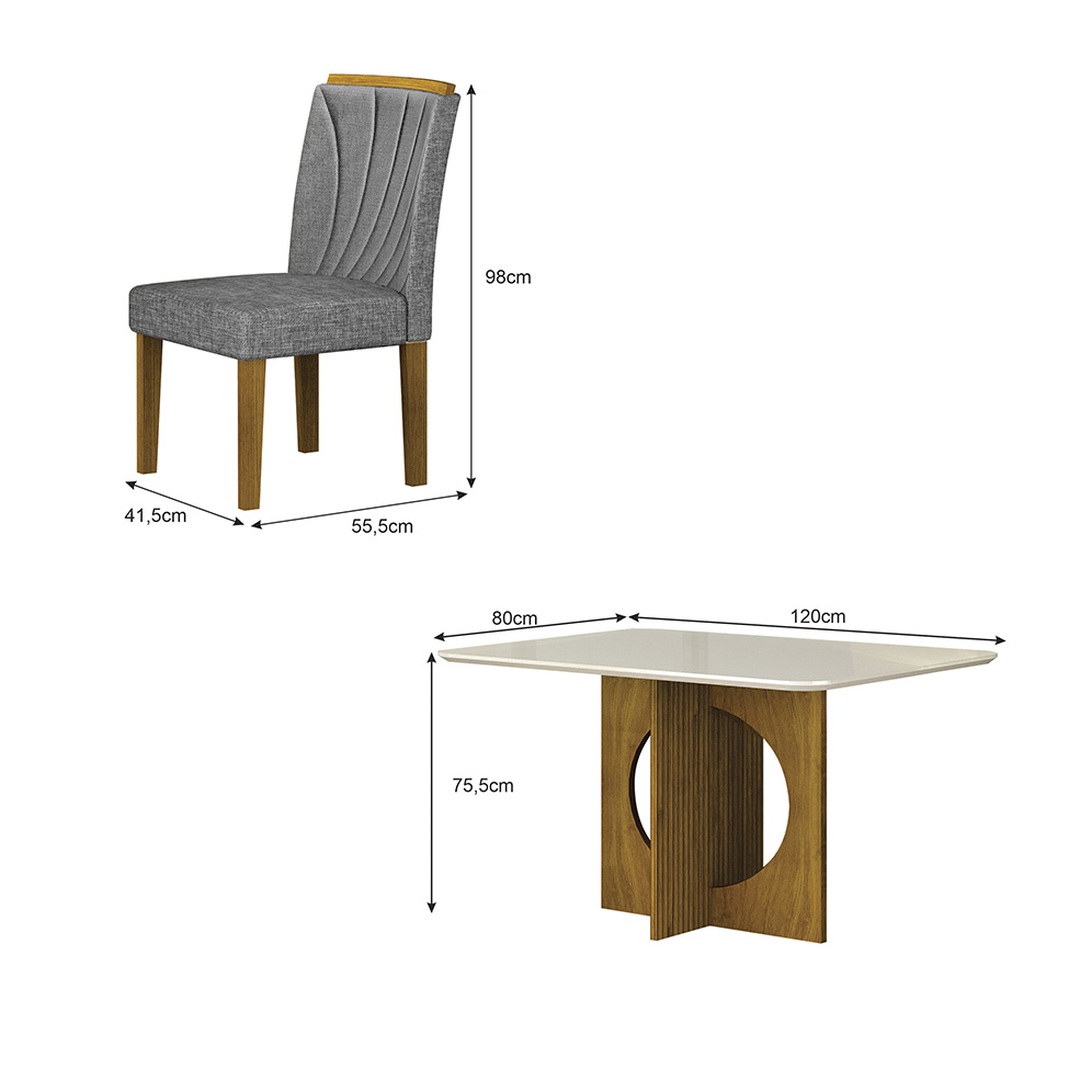 Conjunto de Mesa Retangular com Tampo de Vidro Off White e 4 Cadeiras Lorena Plus Linho Cinza e Freijó