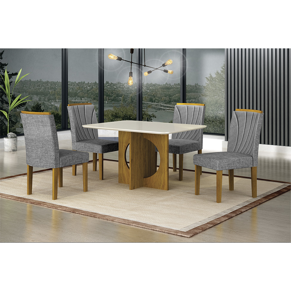 Conjunto de Mesa Retangular com Tampo de Vidro Off White e 4 Cadeiras Lorena Plus Linho Cinza e Freijó