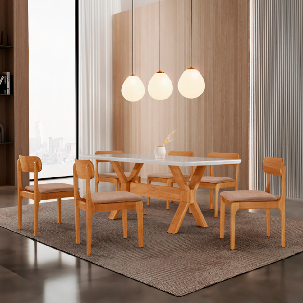 Conjunto de Mesa Retangular com Tampo de Vidro Off White e 6 Cadeiras Cecília Linho Atacama e Cinamomo