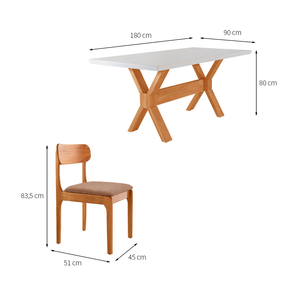 Conjunto de Mesa Retangular com Tampo de Vidro Off White e 6 Cadeiras Cecília Linho Atacama e Cinamomo