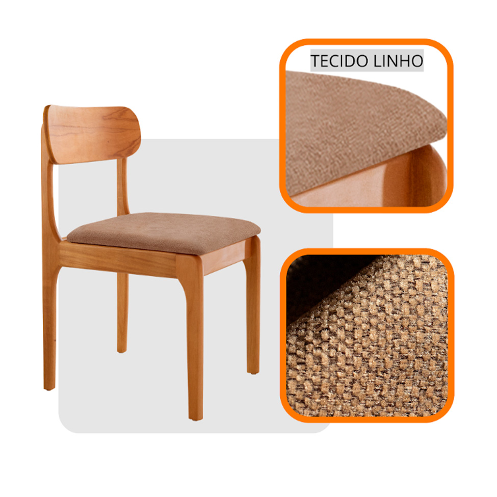 Conjunto de Mesa Retangular com Tampo de Vidro Off White e 6 Cadeiras Cecília Linho Atacama e Cinamomo