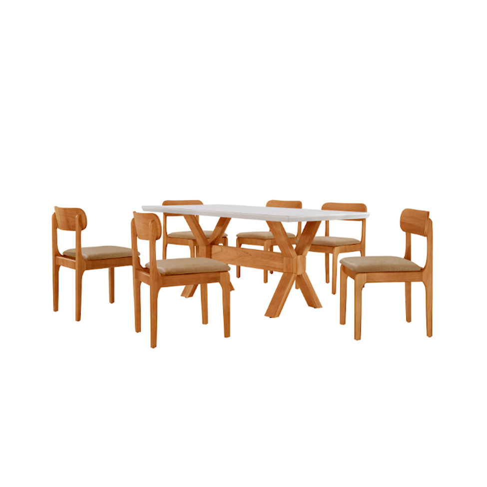 Conjunto de Mesa Retangular com Tampo de Vidro Off White e 6 Cadeiras Cecília Linho Âmbar e Cinamomo