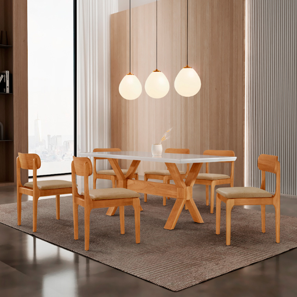 Conjunto de Mesa Retangular com Tampo de Vidro Off White e 6 Cadeiras Cecília Linho Âmbar e Cinamomo