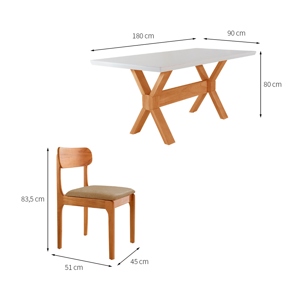 Conjunto de Mesa Retangular com Tampo de Vidro Off White e 6 Cadeiras Cecília Linho Âmbar e Cinamomo