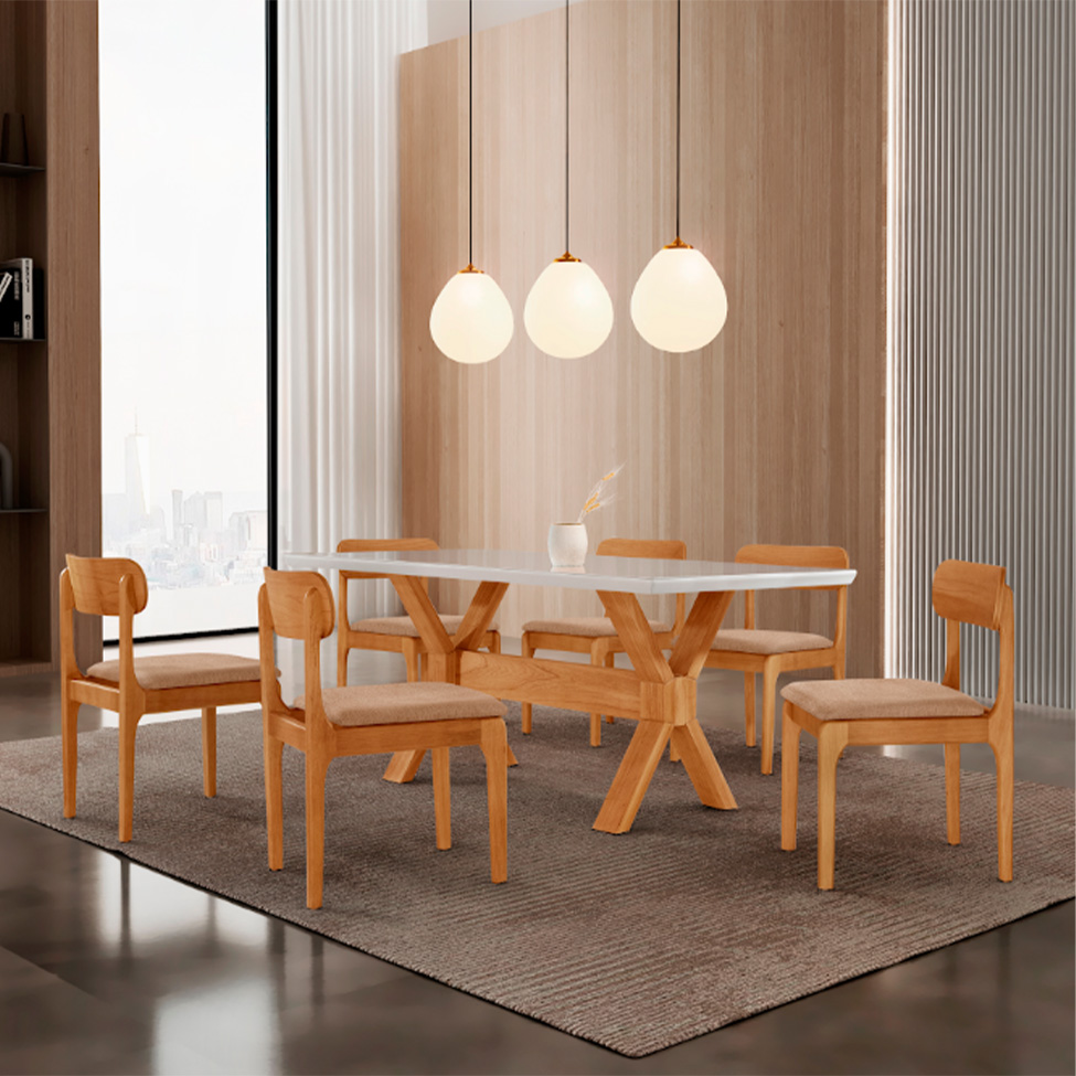 Conjunto de Mesa Retangular com Tampo de Vidro Off White e 6 Cadeiras Cecília Linho Palha e Cinamomo
