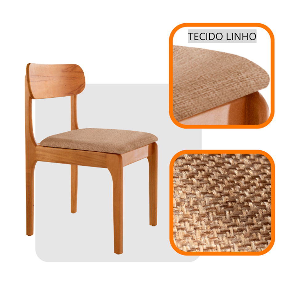 Conjunto de Mesa Retangular com Tampo de Vidro Off White e 6 Cadeiras Cecília Linho Palha e Cinamomo