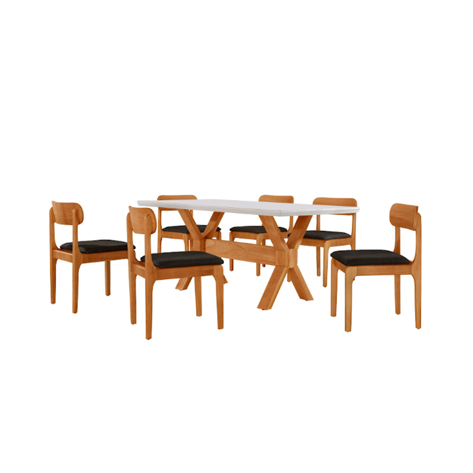 Conjunto de Mesa Retangular com Tampo de Vidro Off White e 6 Cadeiras Cecília Linho Preto e Cinamomo