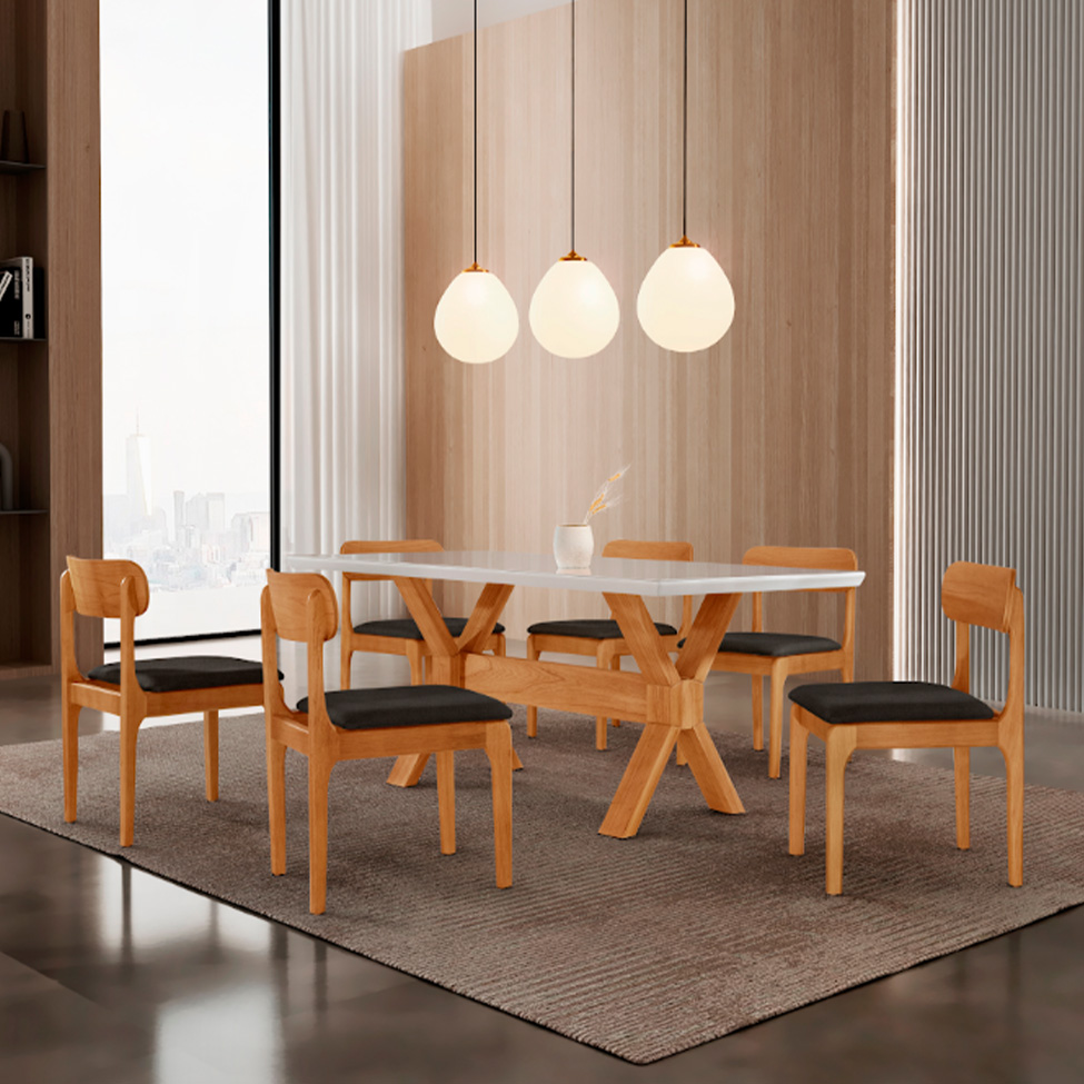 Conjunto de Mesa Retangular com Tampo de Vidro Off White e 6 Cadeiras Cecília Linho Preto e Cinamomo