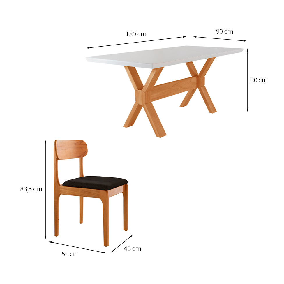 Conjunto de Mesa Retangular com Tampo de Vidro Off White e 6 Cadeiras Cecília Linho Preto e Cinamomo