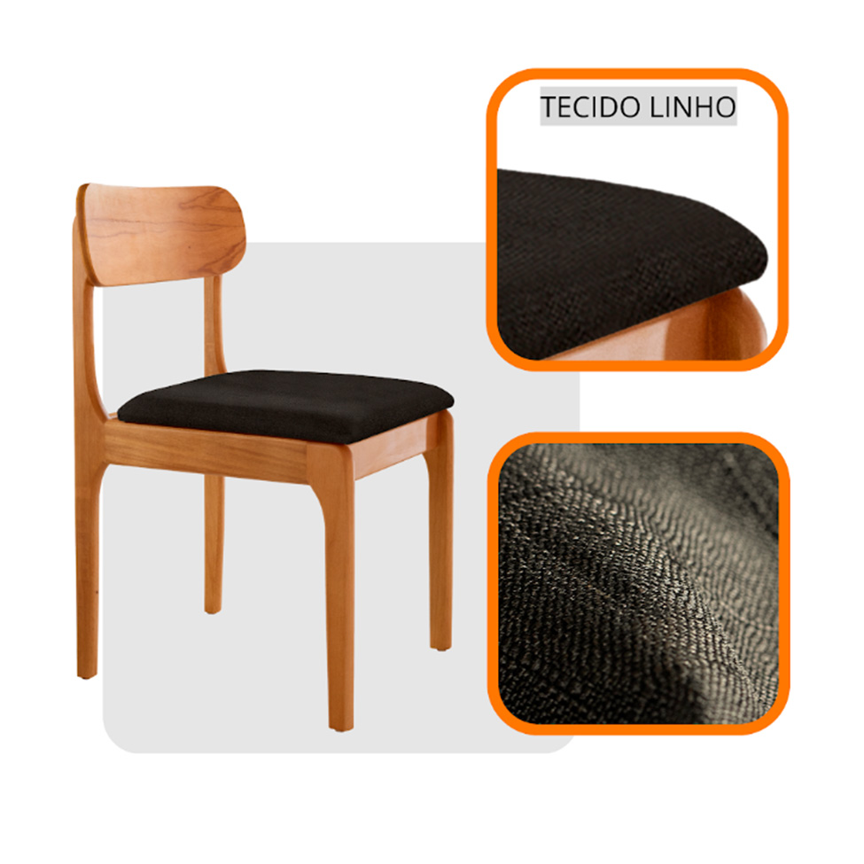 Conjunto de Mesa Retangular com Tampo de Vidro Off White e 6 Cadeiras Cecília Linho Preto e Cinamomo