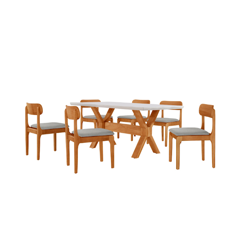 Conjunto de Mesa Retangular com Tampo de Vidro Off White e 6 Cadeiras Cecília Linho Quartzo e Cinamomo