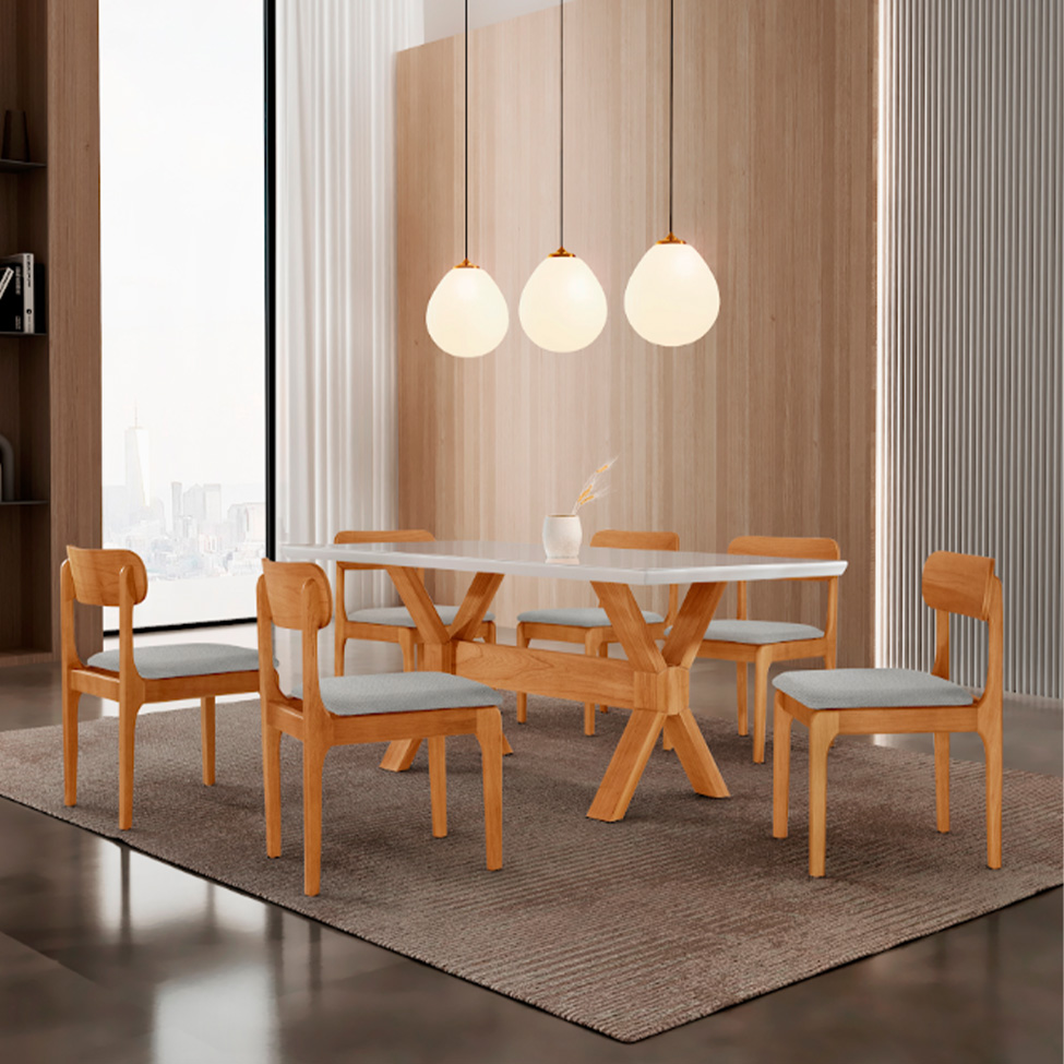 Conjunto de Mesa Retangular com Tampo de Vidro Off White e 6 Cadeiras Cecília Linho Quartzo e Cinamomo