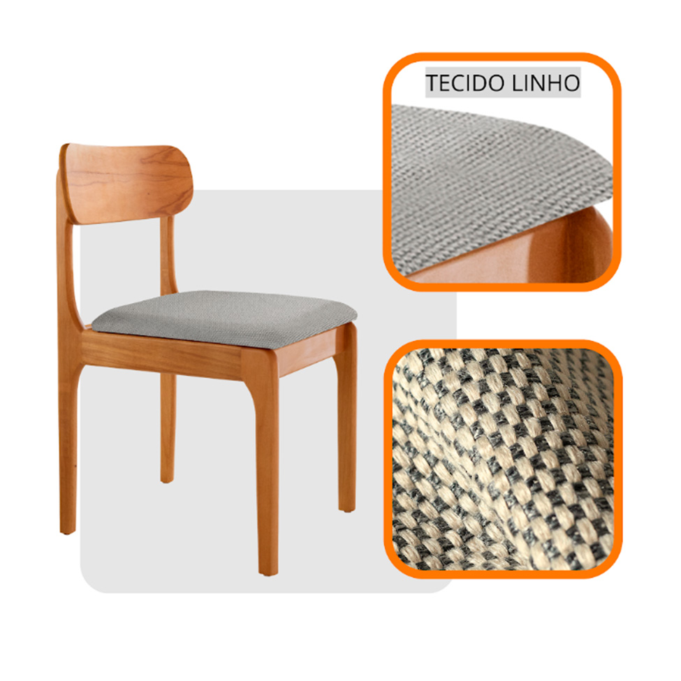 Conjunto de Mesa Retangular com Tampo de Vidro Off White e 6 Cadeiras Cecília Linho Quartzo e Cinamomo