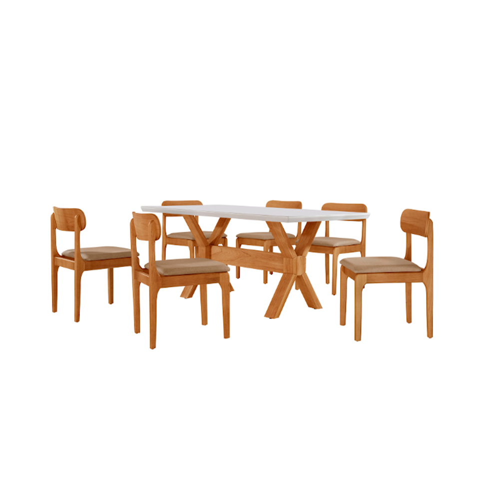 Conjunto de Mesa Retangular com Tampo de Vidro Off White e 6 Cadeiras Cecília Linho Turim e Cinamomo