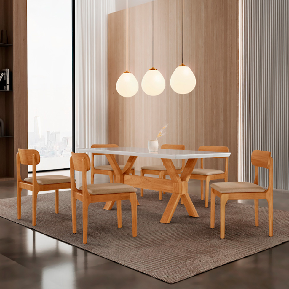 Conjunto de Mesa Retangular com Tampo de Vidro Off White e 6 Cadeiras Cecília Linho Turim e Cinamomo