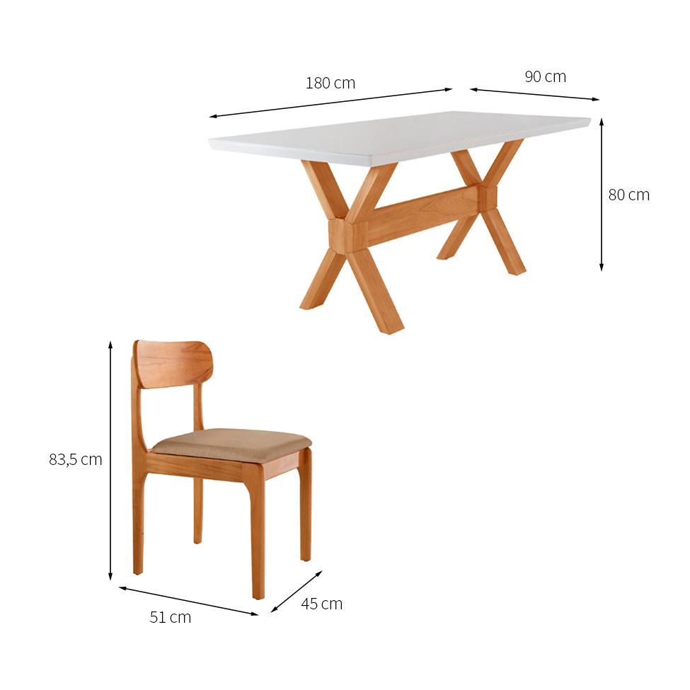 Conjunto de Mesa Retangular com Tampo de Vidro Off White e 6 Cadeiras Cecília Linho Turim e Cinamomo