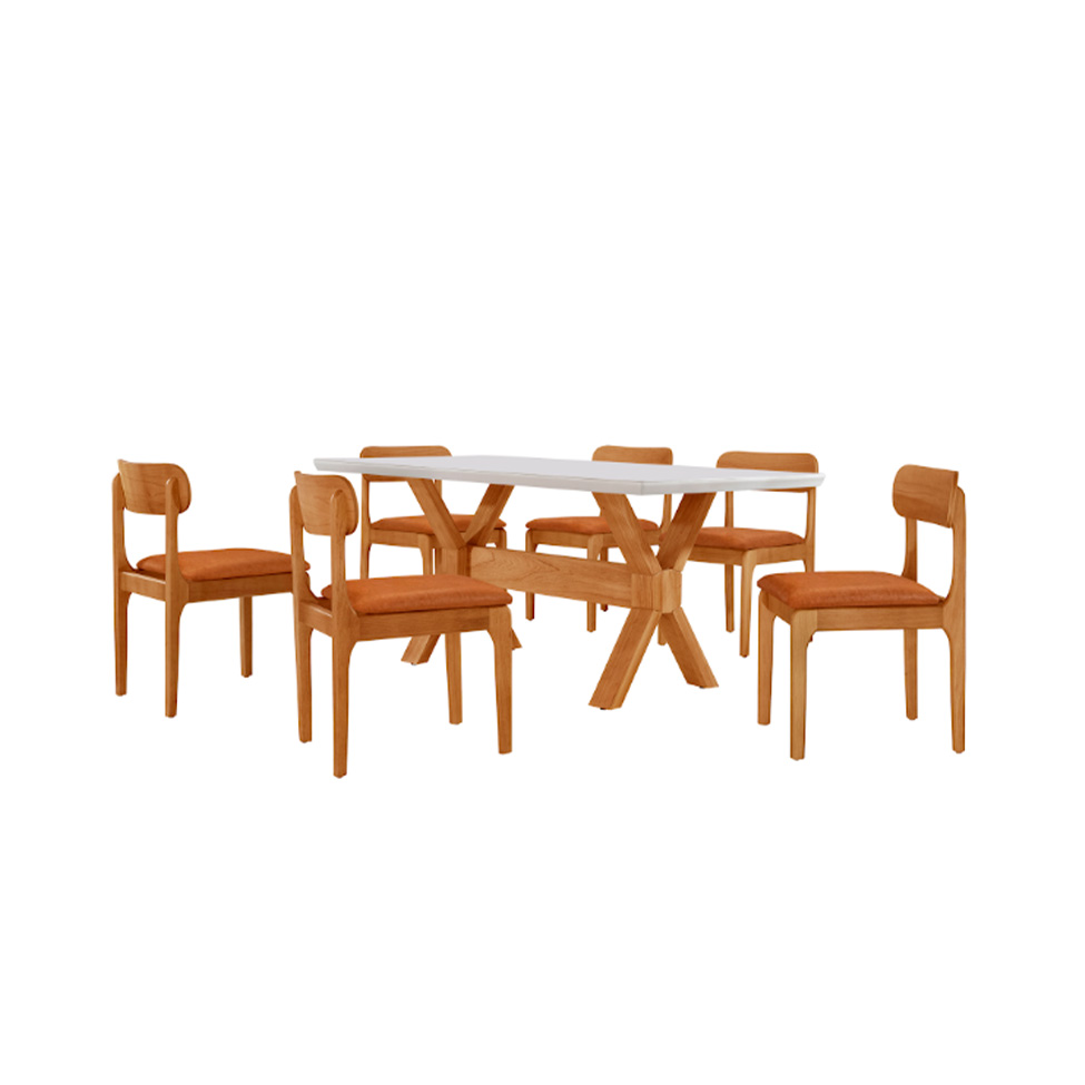 Conjunto de Mesa Retangular com Tampo de Vidro Off White e 6 Cadeiras Cecília Tecido Sintético Caramelo e Cinamomo