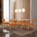 Conjunto de Mesa Retangular com Tampo de Vidro Off White e 6 Cadeiras Cecília Tecido Sintético Caramelo e Cinamomo
