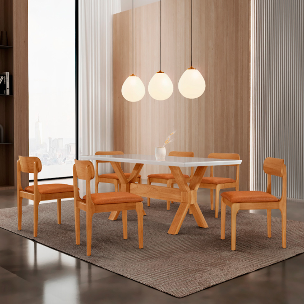 Conjunto de Mesa Retangular com Tampo de Vidro Off White e 6 Cadeiras Cecília Tecido Sintético Caramelo e Cinamomo