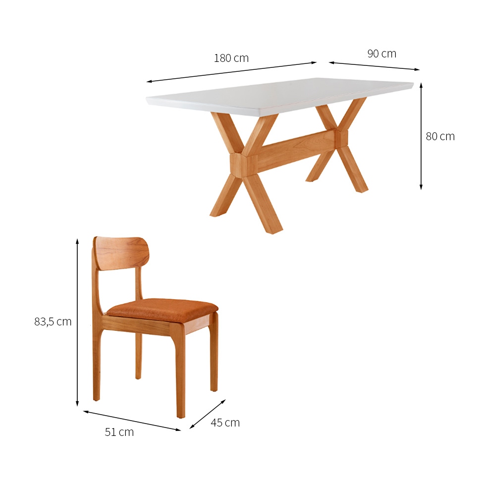 Conjunto de Mesa Retangular com Tampo de Vidro Off White e 6 Cadeiras Cecília Tecido Sintético Caramelo e Cinamomo