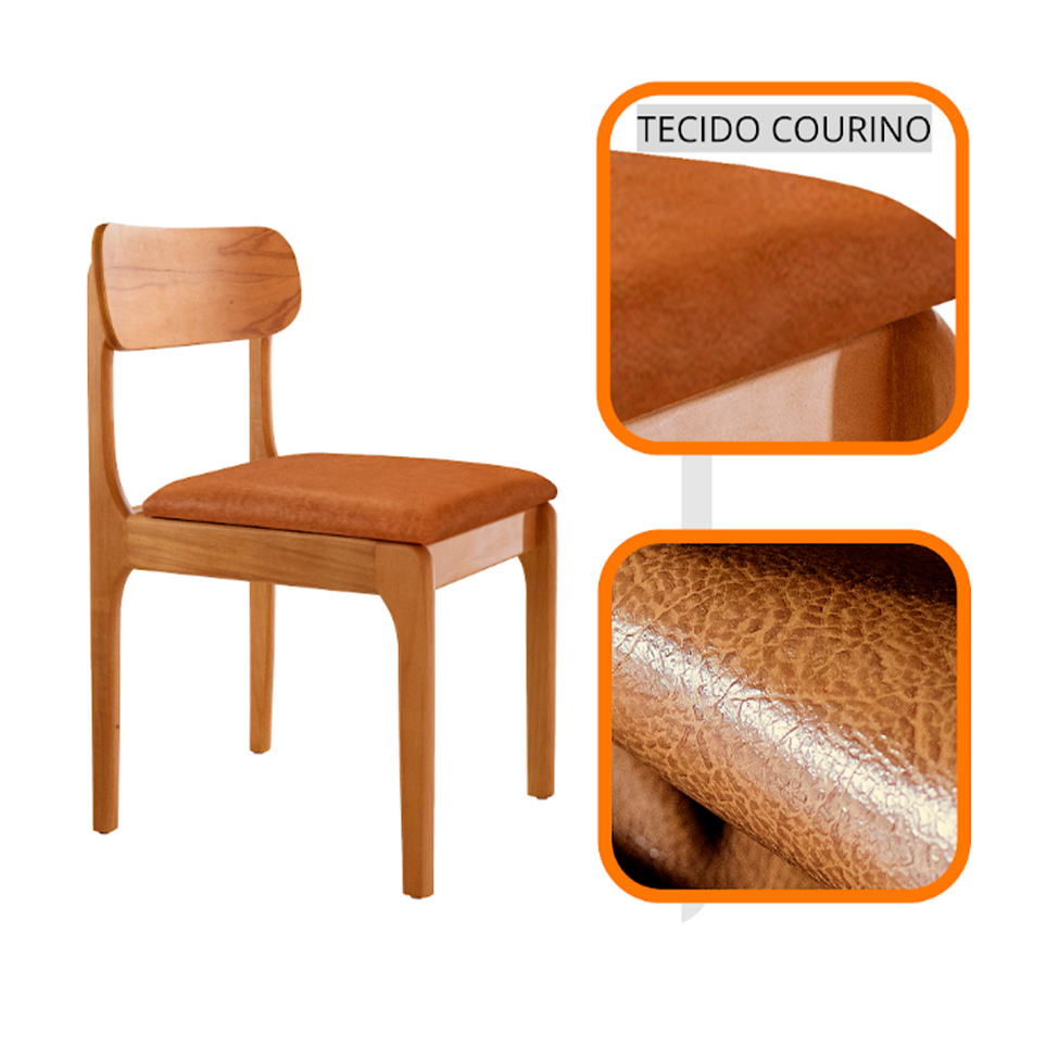 Conjunto de Mesa Retangular com Tampo de Vidro Off White e 6 Cadeiras Cecília Tecido Sintético Caramelo e Cinamomo