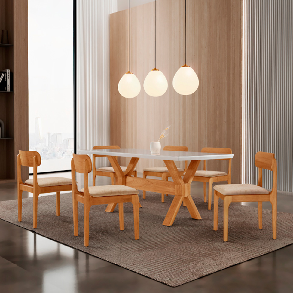 Conjunto de Mesa Retangular com Tampo de Vidro Off White e 6 Cadeiras Cecília Tecido Sintético Milano e Cinamomo