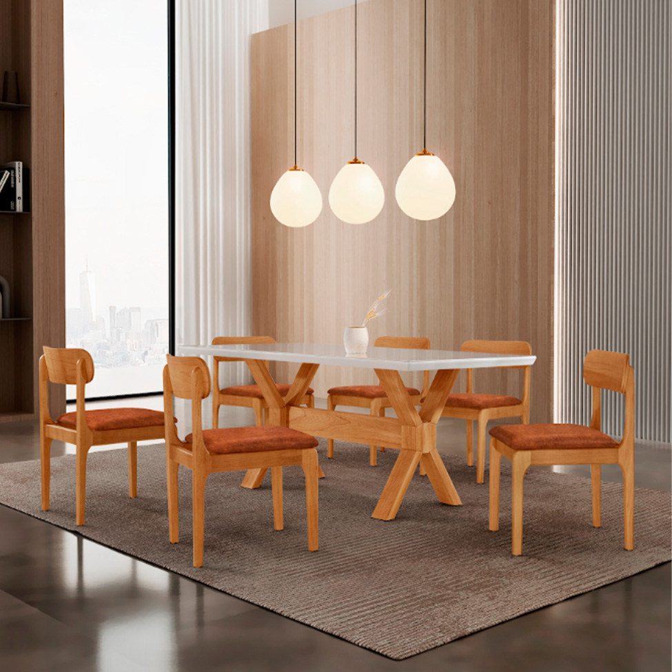 Conjunto de Mesa Retangular com Tampo de Vidro Off White e 6 Cadeiras Cecília Tecido Sintético Puce e Cinamomo