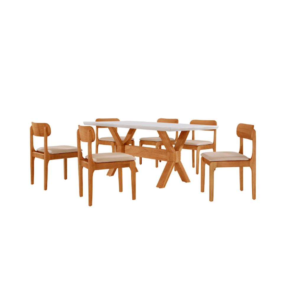 Conjunto de Mesa Retangular com Tampo de Vidro Off White e 6 Cadeiras Cecília Veludo Bege e Cinamomo