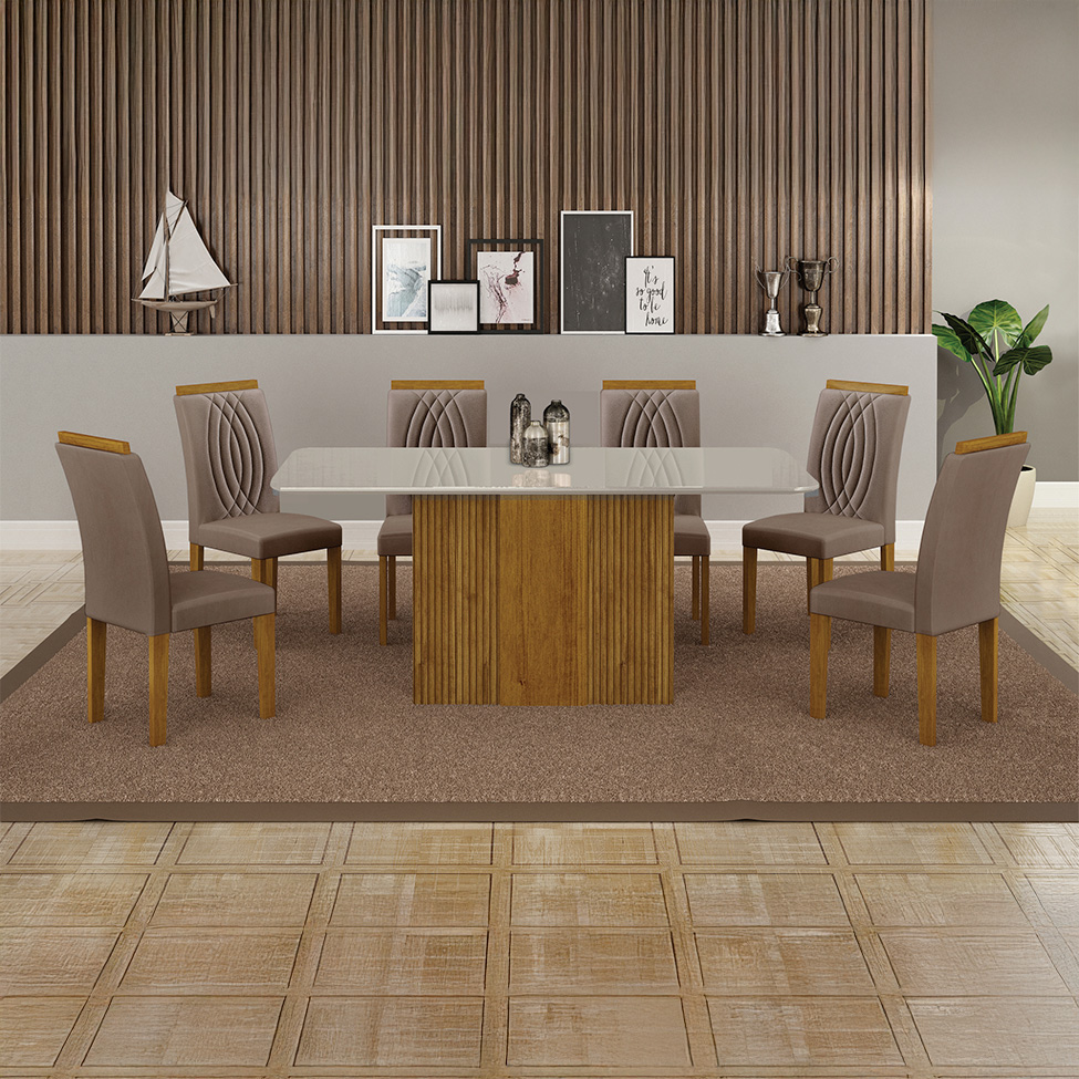 Conjunto de Mesa Retangular com Tampo de Vidro Off White e 6 Cadeiras Doha Veludo Bege e Freijó