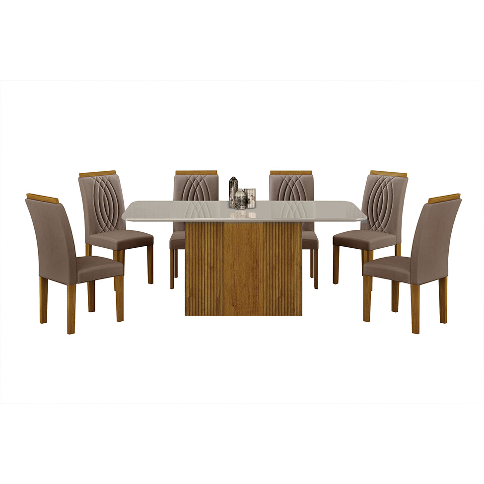 Conjunto de Mesa Retangular com Tampo de Vidro Off White e 6 Cadeiras Doha Veludo Bege e Freijó