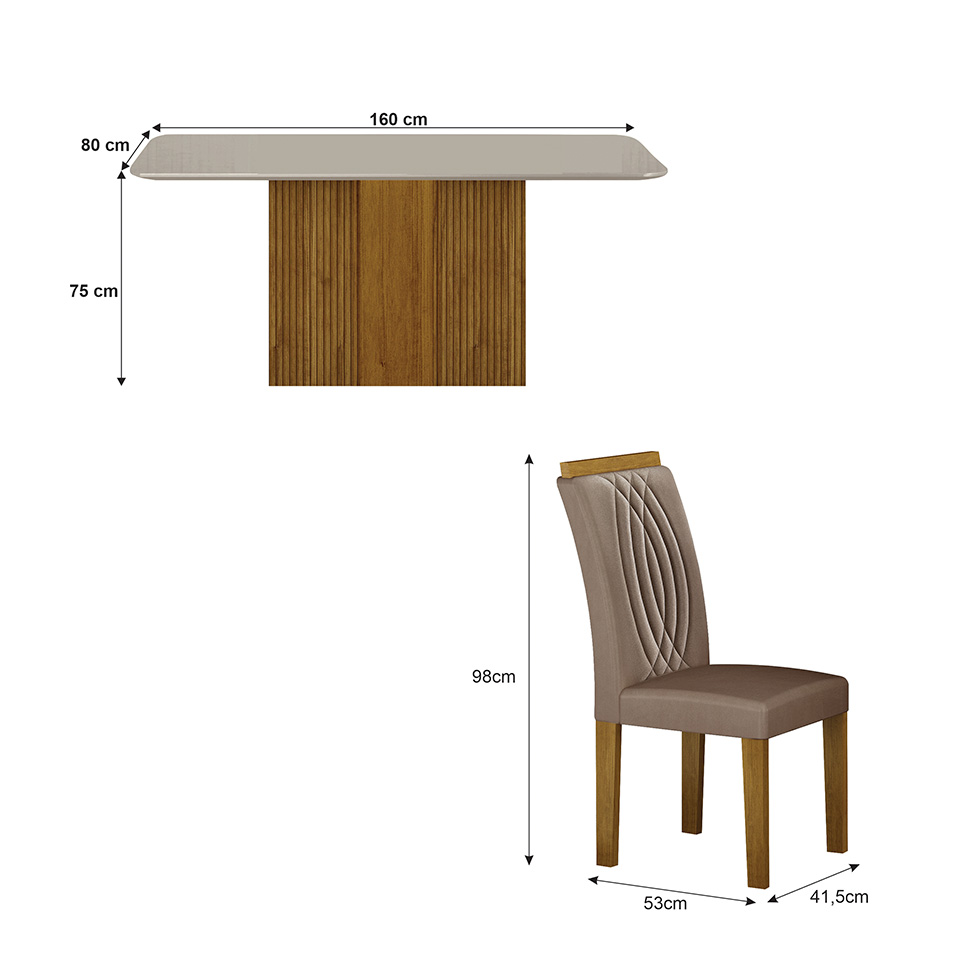 Conjunto de Mesa Retangular com Tampo de Vidro Off White e 6 Cadeiras Doha Veludo Bege e Freijó