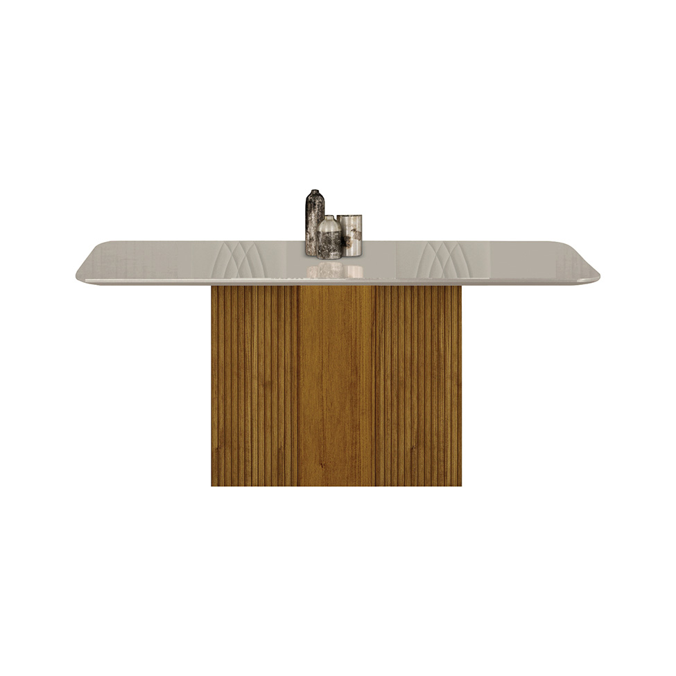 Conjunto de Mesa Retangular com Tampo de Vidro Off White e 6 Cadeiras Doha Veludo Bege e Freijó