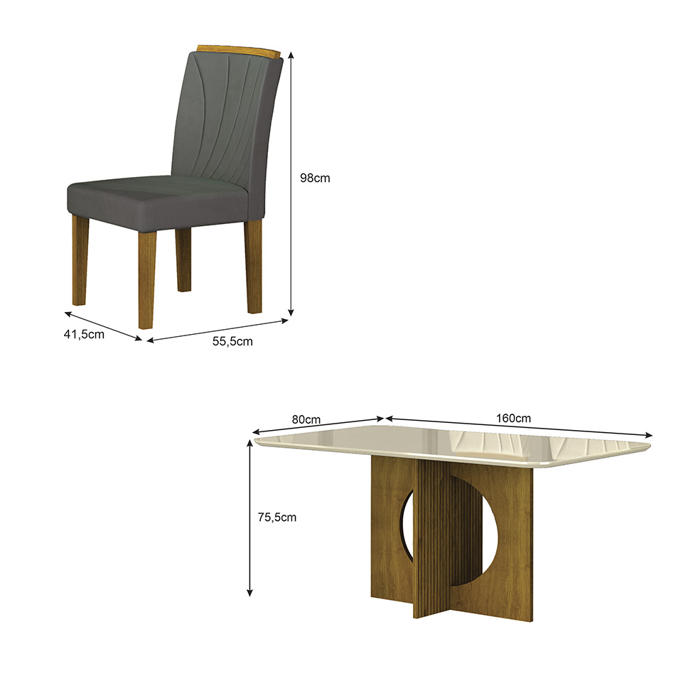 Conjunto de Mesa Retangular com Tampo de Vidro Off White e 6 Cadeiras Lorena Plus Camurça Chumbo e Freijó