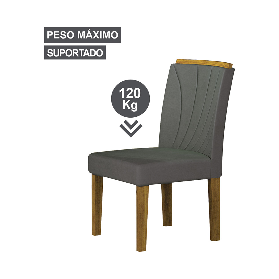 Conjunto de Mesa Retangular com Tampo de Vidro Off White e 6 Cadeiras Lorena Plus Camurça Chumbo e Freijó