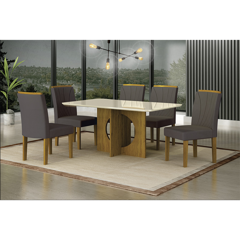 Conjunto de Mesa Retangular com Tampo de Vidro Off White e 6 Cadeiras Lorena Plus Camurça Chumbo e Freijó