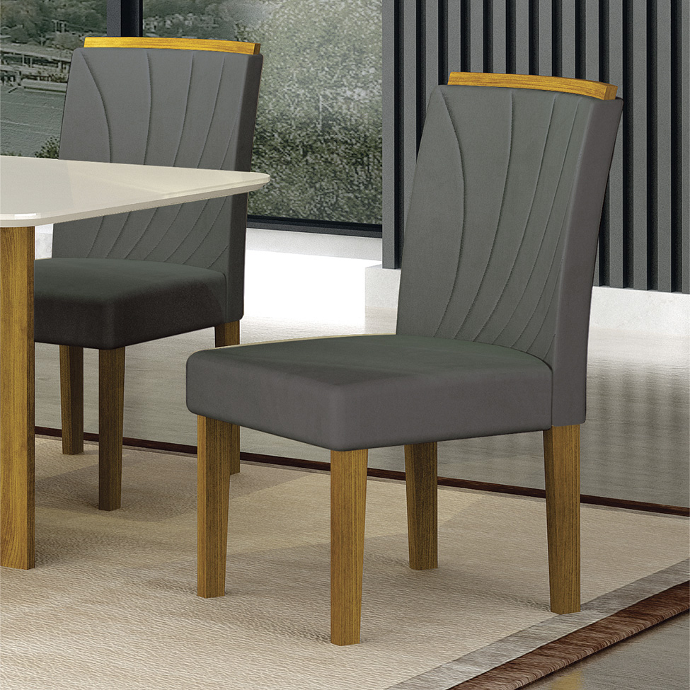 Conjunto de Mesa Retangular com Tampo de Vidro Off White e 6 Cadeiras Lorena Plus Camurça Chumbo e Freijó