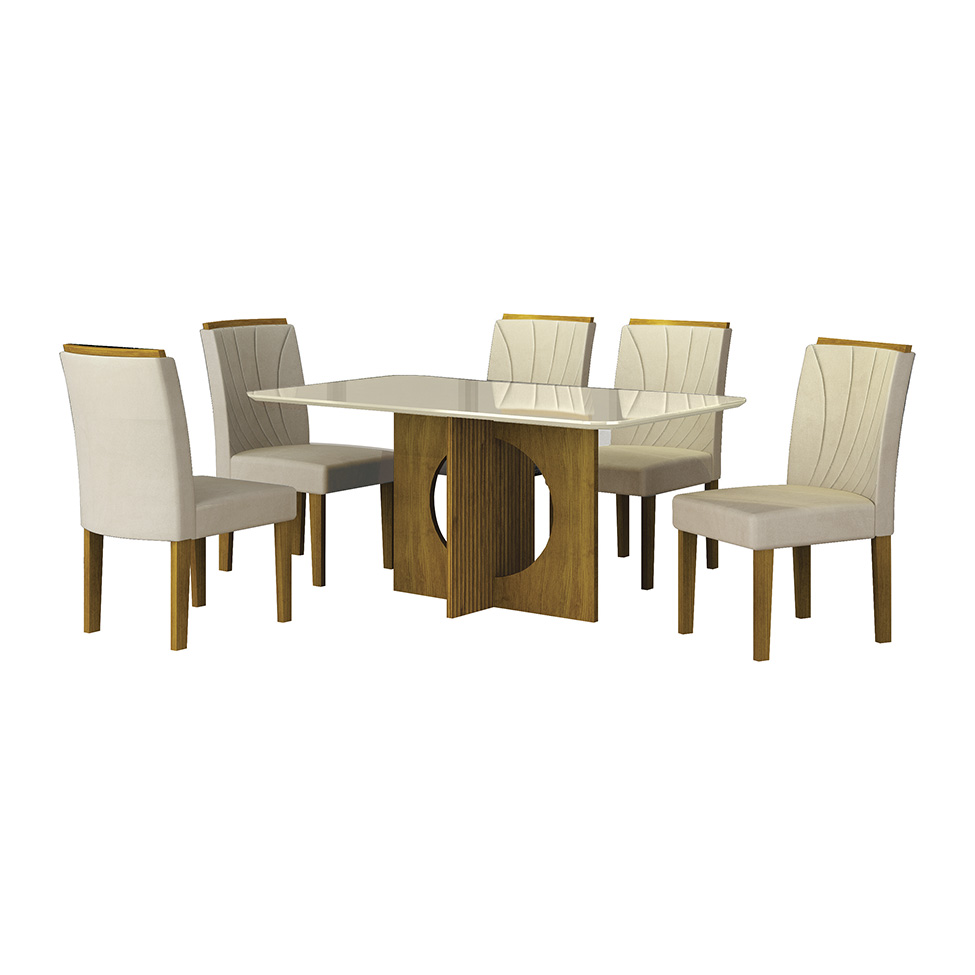 Conjunto de Mesa Retangular com Tampo de Vidro Off White e 6 Cadeiras Lorena Plus Camurça Palha e Freijó