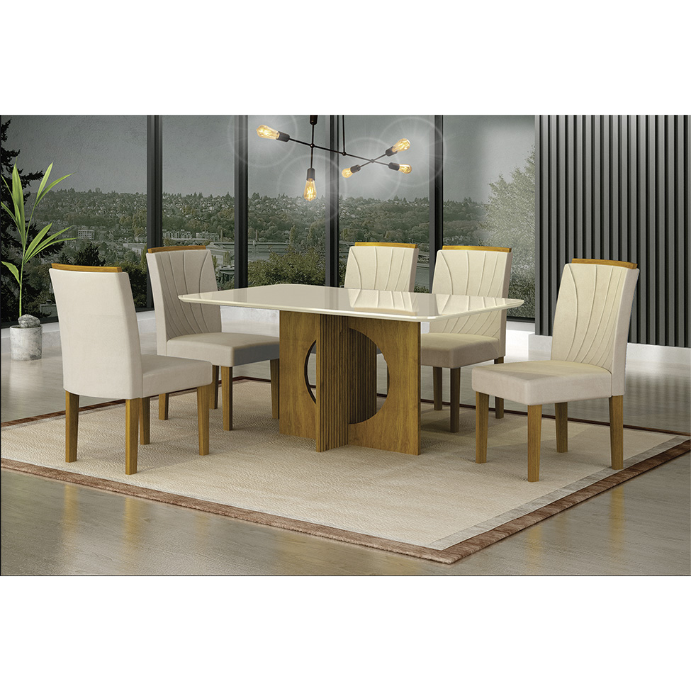 Conjunto de Mesa Retangular com Tampo de Vidro Off White e 6 Cadeiras Lorena Plus Camurça Palha e Freijó