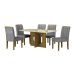 Conjunto de Mesa Retangular com Tampo de Vidro Off White e 6 Cadeiras Lorena Plus Linho Cinza e Freijó