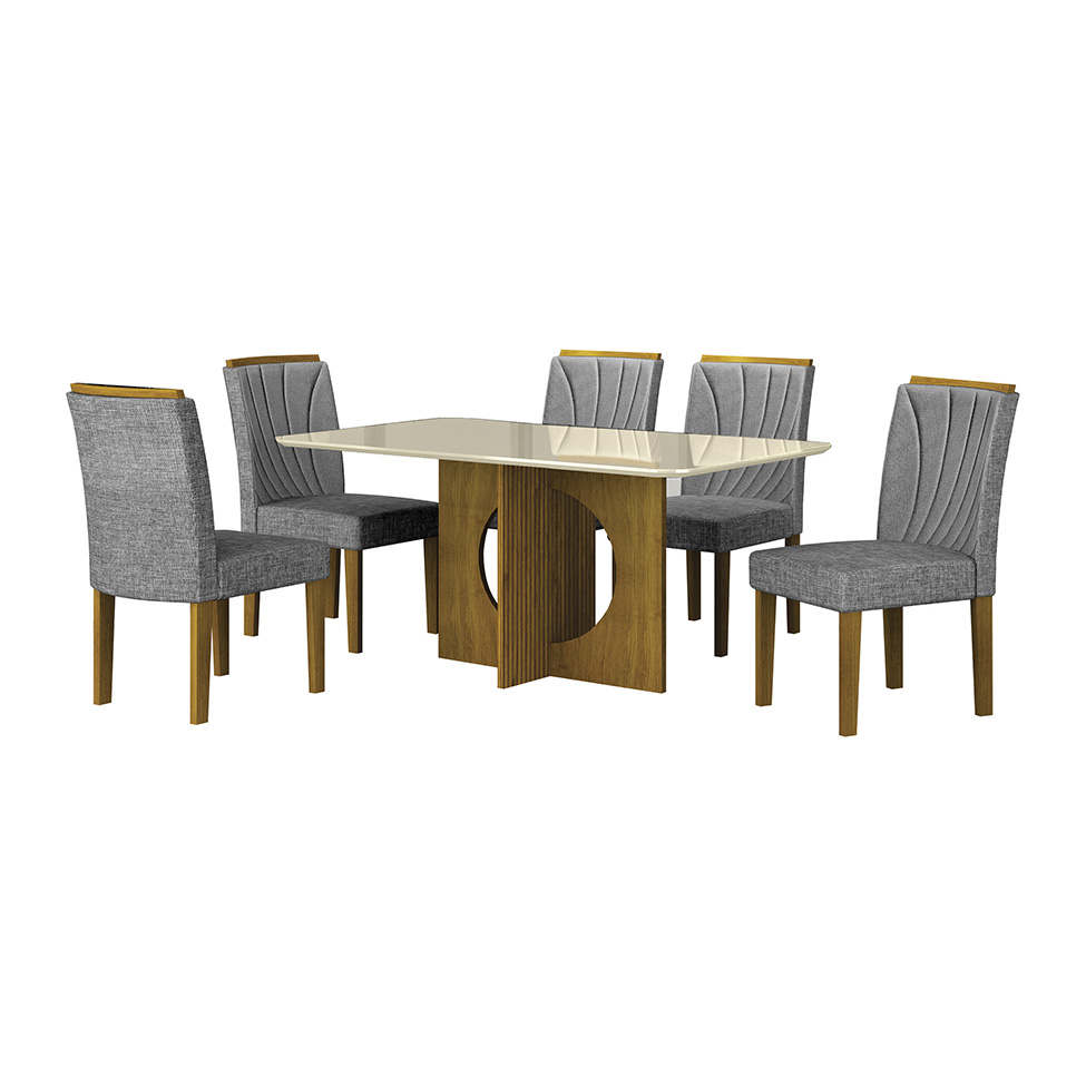 Conjunto de Mesa Retangular com Tampo de Vidro Off White e 6 Cadeiras Lorena Plus Linho Cinza e Freijó