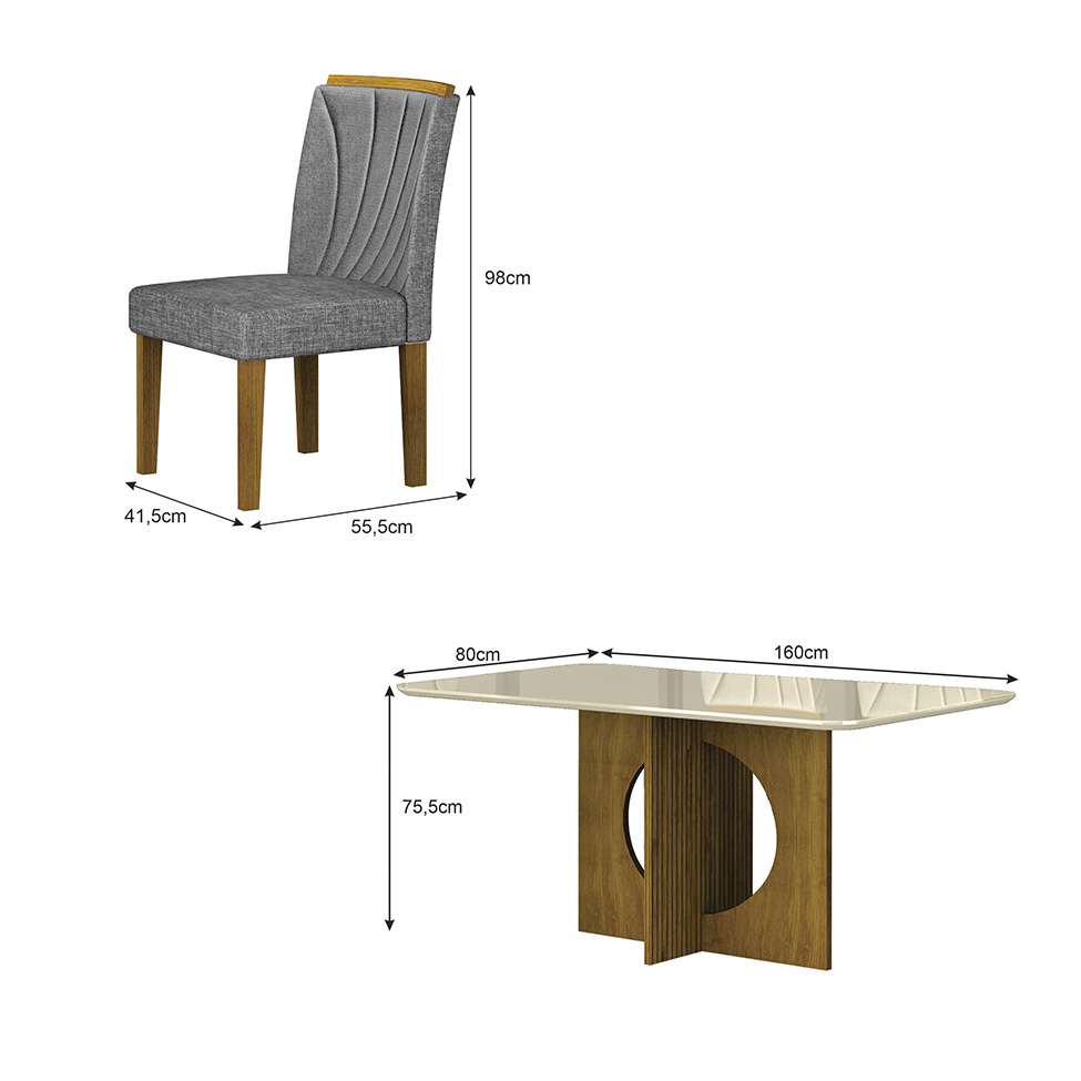 Conjunto de Mesa Retangular com Tampo de Vidro Off White e 6 Cadeiras Lorena Plus Linho Cinza e Freijó