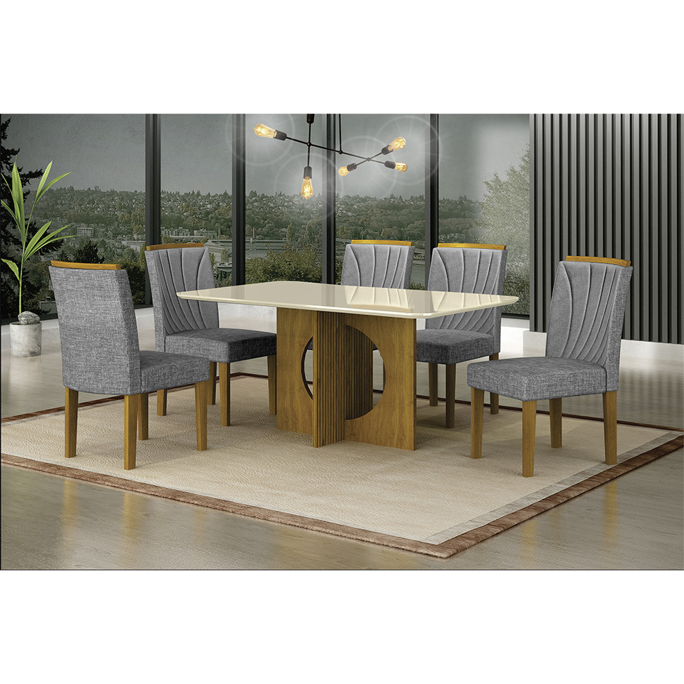 Conjunto de Mesa Retangular com Tampo de Vidro Off White e 6 Cadeiras Lorena Plus Linho Cinza e Freijó