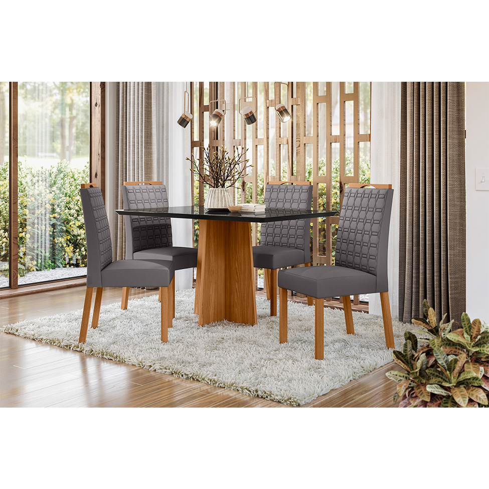 Conjunto de Mesa Retangular com Tampo de Vidro Preto Anitta e 4 Cadeiras Mariah Poliéster Cinza e Ypê