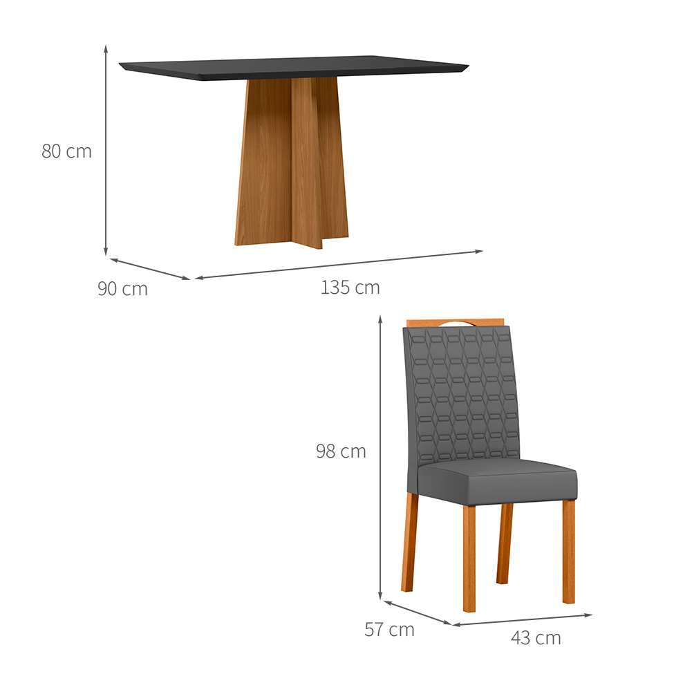 Conjunto de Mesa Retangular com Tampo de Vidro Preto Anitta e 4 Cadeiras Mariah Poliéster Cinza e Ypê