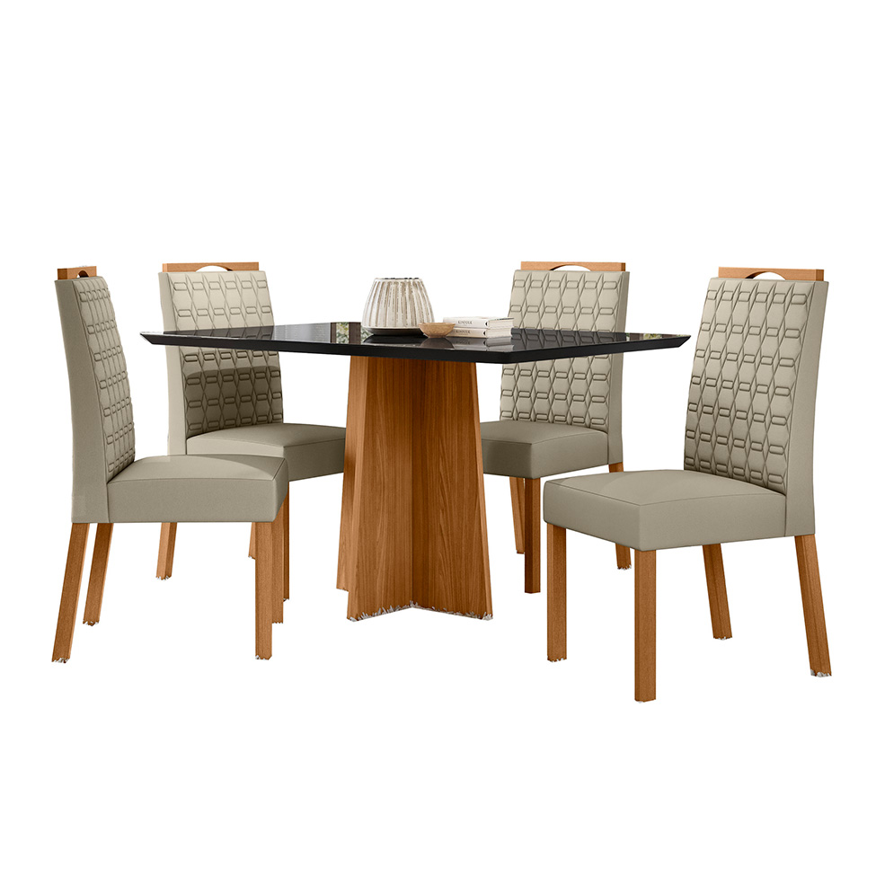 Conjunto de Mesa Retangular com Tampo de Vidro Preto Anitta e 4 Cadeiras Mariah Poliéster Nude e Ypê